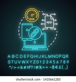 Cross platform app testing neon light concept icon. Performance optimization, usability check idea. Glowing sign with alphabet, numbers and symbols. System prototyping. Vector isolated illustration