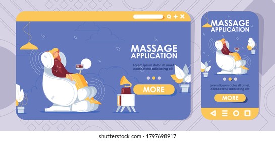 Cross platform banners for landing page design. Massage chair with woman relaxing in interior