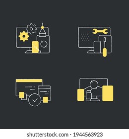 Cross platform chalk icons set. Programming environment. Development, coding toolkit, compatibility, device syncing. Digitalization concept. Isolated vector illustrations on chalkboard