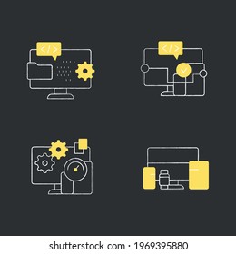 Cross platform chalk icons set. Programming environment. Software, applicationtesting, devices. Digitalization concept.Isolated vector illustrations on chalkboard