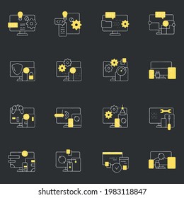 Cross platform chalk icons set. Programming environment. Platform for creating new operating systems. Synchronic between devices.Isolated vector illustrations on chalkboard