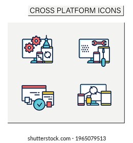 Cross platform color icons set. Programming environment. Development, coding toolkit, compatibility, device syncing. Digitalization concept. Isolated vector illustration