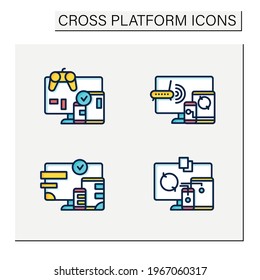 Cross platform color icons set. Programming environment. Playing, multiplayer, design, files syncing. Digitalization concept. Isolated vector illustration