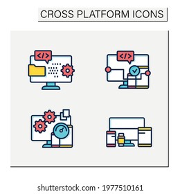 Cross platform color icons set. Programming environment. Software, applicationtesting, devices. Digitalization concept. Isolated vector illustrations