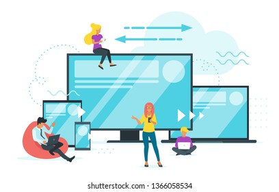 Cross platform concept. People using different devices or developing adaptive ui design for digital software. Vector illustration.