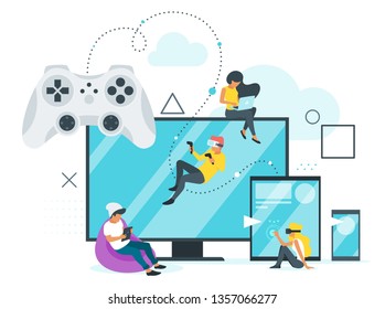 Cross platform concept showing adaptive layout ui for games. People are playing on different devices: pc, tablet and smartphone, including virtual reality technology. Vector illustration.