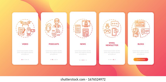 Cross platform content creation onboarding mobile app page screen with concepts. Blogging and podcasting walkthrough 5 steps graphic instructions. UI vector template with RGB color illustrations