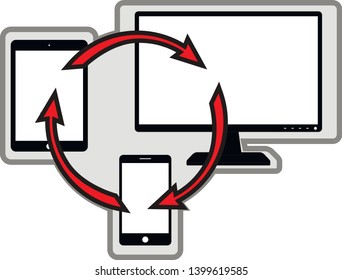 Cross platform content,mobile phone,smartphone,tablet,laptop,computer.Creation responsive internet website for multiple platforms.Web development and coding.Vector image.