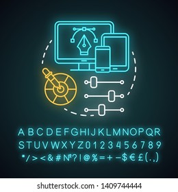 Cross platform design neon light concept icon. Responsive user interface development idea. Glowing sign with alphabet, numbers and symbols. Adaptive app UI, UX, GUI. Vector isolated illustration