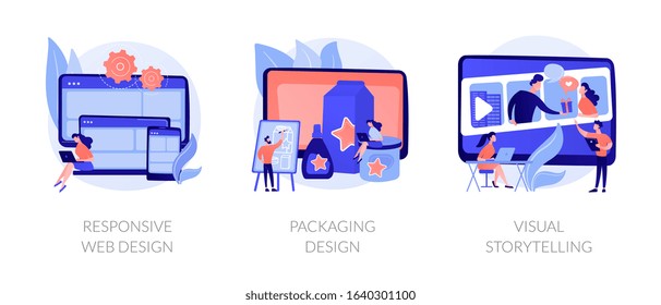 Cross Platform Development, Brand Development, Content Marketing Icons Set. Responsive Web Design, Packaging Design, Visual Storytelling Metaphors. Vector Isolated Concept Metaphor Illustrations