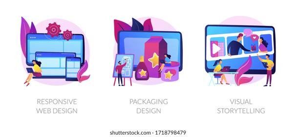 Cross Platform Development, Brand Development, Content Marketing Icons Set. Responsive Web Design, Packaging Design, Visual Storytelling Metaphors. Vector Isolated Concept Metaphor Illustrations