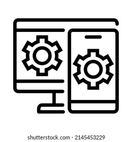 Cross Platform Devices, Computer And Smartphone Icon. Outline Style. Vector. Isolate On White Background.