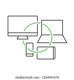 Cross platform devices concept illustration. Crossplatform development symbol. Monitor, laptop, tablet and smartphone icons with connection circle. Adjustable outline stroke line width.