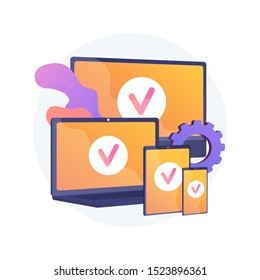 Cross platform devices. Multiplatform connection, gadgets synchronization, adaptive development. Linked computer, laptop, tablet and smartphone. Vector isolated concept metaphor illustration