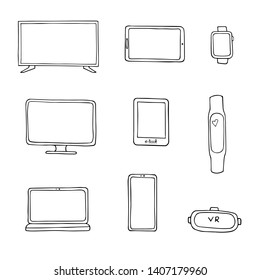 Cross platform devices. Set of doodle icons. Outline vector illustration.