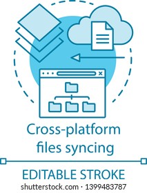 Cross platform files synchronization concept icon. Cloud computing, remote storage idea thin line illustration. Online data syncing technology. Vector isolated outline drawing. Editable stroke