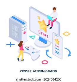 Cross Platform Gaming. Concept. People Play The Same Games On Different Devices. Isometric Vector Illustration On White Background