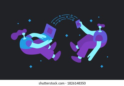 Ilustración de plataforma cruzada. Los personajes usan la misma aplicación en laptop y smartphone. Concepto de intercambio de datos. Sencillo estilo plano.
