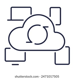 Cross platform line icon. Multi device syncing. Cloud computing, IOT, Information technology, Computer Software. Logo symbol for web and mobile. White background. Editable vector stroke. Pixel Perfect
