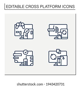 Cross platform line icons set. Programming environment. Playing, multiplayer, design, files syncing. Digitalization concept. Isolated vector illustration.Editable stroke