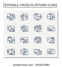 Cross platform line icons set. Programming environment. Platform for creating new operating systems. Synchronic between devices. Digitalization concept. Isolated vector illustration.Editable stroke