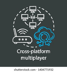 Cross platform multiplayer chalk concept icon. Internet connection, online gaming idea thin line chalkboard illustration. Router, wireless technology, cloud computing. Vector isolated outline drawing