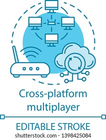 Cross Platform Multiplayer Concept Icon. Internet Synchronization, Cloud Gaming Idea Thin Line Illustration. Wireless Connection, Online Technology. Vector Isolated Outline Drawing. Editable Stroke