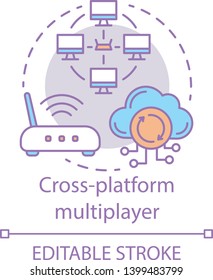 Cross Platform Multiplayer Concept Icon. Internet Connection, Online Gaming Idea Thin Line Illustration. Router, Wireless Technology, Cloud Computing. Vector Isolated Outline Drawing. Editable Stroke