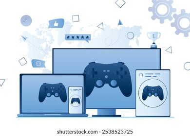 Concepto multijugador multiplataforma. Varios gadgets inteligentes con controlador de juego en pantalla. Fondo de tecnología de deportes electrónicos. Ilustración vectorial de estilo de moda