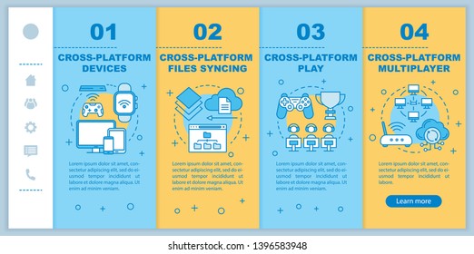 Cross platform multiplayer onboarding mobile web pages vector template. Responsive smartphone website interface idea with linear illustrations. Webpage walkthrough step screens. Color concept 