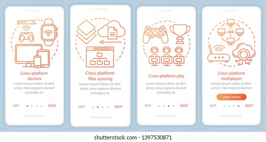 Cross platform multiplayer onboarding mobile app page screen vector template. Online, cloud gaming. Walkthrough website steps with linear illustrations. UX, UI, GUI smartphone interface concept