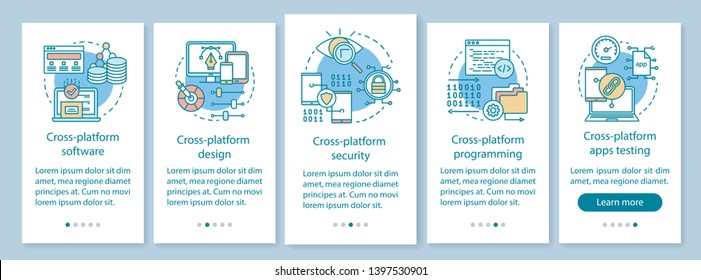 Cross platform onboarding mobile app page screen with linear concepts. Design and programming walkthrough steps graphic instructions. Data protection. UX, UI, GUI vector template with illustrations