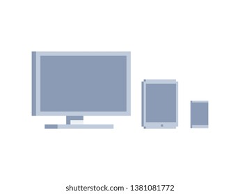 Cross platform pixel art icons set. Mobile phone, tablet pc, smartphone, laptop and pc. Electronic devices. Design for mobile app, logo, web, sticker. Isolated vector illustration. 8-bit sprite. 