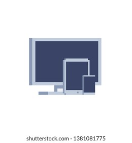 Cross platform pixel art icons set. Tablet, smartphone, laptop and pc.  Electronic devices. Design for mobile app, logo, web. Isolated vector illustration. 8-bit sprite. 