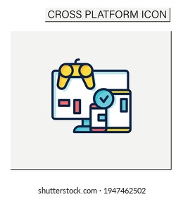 Cross platform play color icon. Platform for playing games. Testing. Trial. Special technical equipment. Joystick. Gameplay. Digitalization concept. Isolated vector illustration