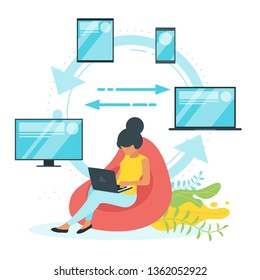 Cross platform and programming concept with different devices: pc, tablet, smartphone and laptop. Woman sitting in bean bag chair developing adaptive online page or software. Vector illustration.