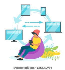 Cross platform and programming concept with different devices: pc, tablet, smartphone and laptop. Man sitting in bean bag chair developing adaptive online page or software. Vector illustration.
