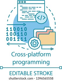 Cross platform programming concept icon. Program development, software engineering business idea thin line illustration. Computer technology. Vector isolated outline drawing. Editable stroke