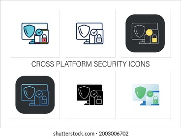 Cross platform security icons set. Protection operation system in multiple devices. Safe computer data. Safety code.Collection of icons in linear, filled, color styles.Isolated vector illustrations
