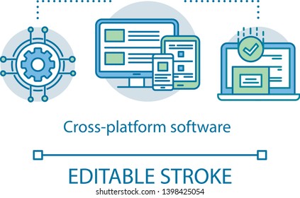 Cross platform software concept icon. Responsive application development business idea thin line illustration. Adaptive app, computer programming. Vector isolated outline drawing. Editable stroke