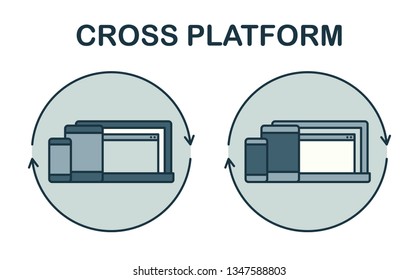 Cross Platform Software. Icons. Laptop, Tablet, Smartphone. Blue.