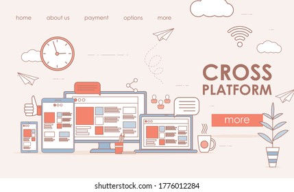 Diseño de página de inicio de software de plataforma cruzada. Pantalla de ordenador, portátil, tablet y smartphone con diseño adaptativo de página de Internet o interfaz web. Ilustración de esquema de cartografía vectorial de desarrollo web.