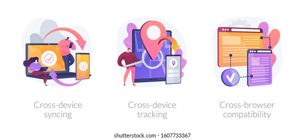 Cross platform software. Synchronized devices, browser sync. Cross-device syncing, cross-device tracking, cross-browser compatibility metaphors. Vector isolated concept metaphor illustrations.