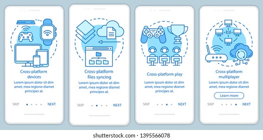 Cross platform synchronization onboarding mobile app page screen vector template. Online device syncing. Walkthrough website steps with linear illustrations. UX, UI, GUI smartphone interface concept