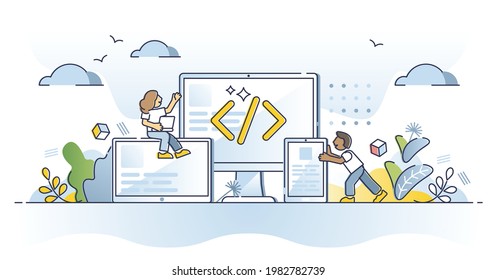 Cross Platform Technology And Mobile Application Development Outline Concept. Computer, Tablet And Phone Programming With One Responsive Software And Adaptive Website Coding Scene Vector Illustration.