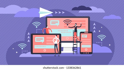 Cross platform vector illustration. Flat tiny IT applications persons concept. User common technology experience on multiple wireless devices. Operating program interface collaboration and connection.