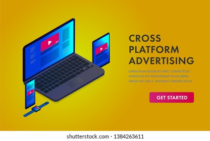 Cross platform video advertising, programmatic native ad isometric concept web template. Online advertising marketing target on multi platform - laptop and mobile gadgets Tablet, phone and smart watch