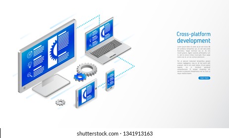 Cross platform website development . Multiplatform web page concept for pc, laptop, tablet and smartphone. Adaptive responsive webdesign.