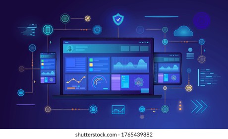 Cross platform website displayed on three on digital devices, a tablet, computer and mobile phone with surrounding internet icons, colored vector illustration