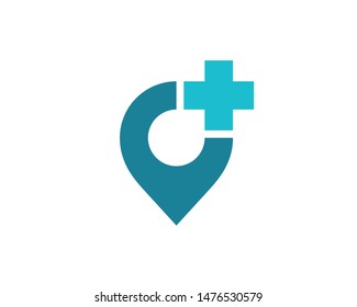 Cross plus geotag or location pin medical logo icon design